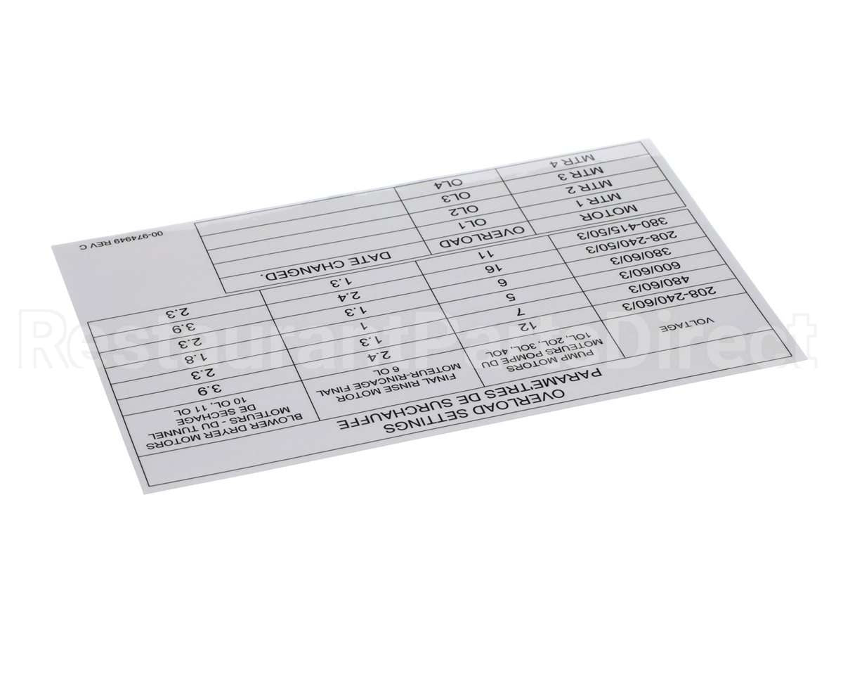 00-974949 Hobart Label, Overload Settings
