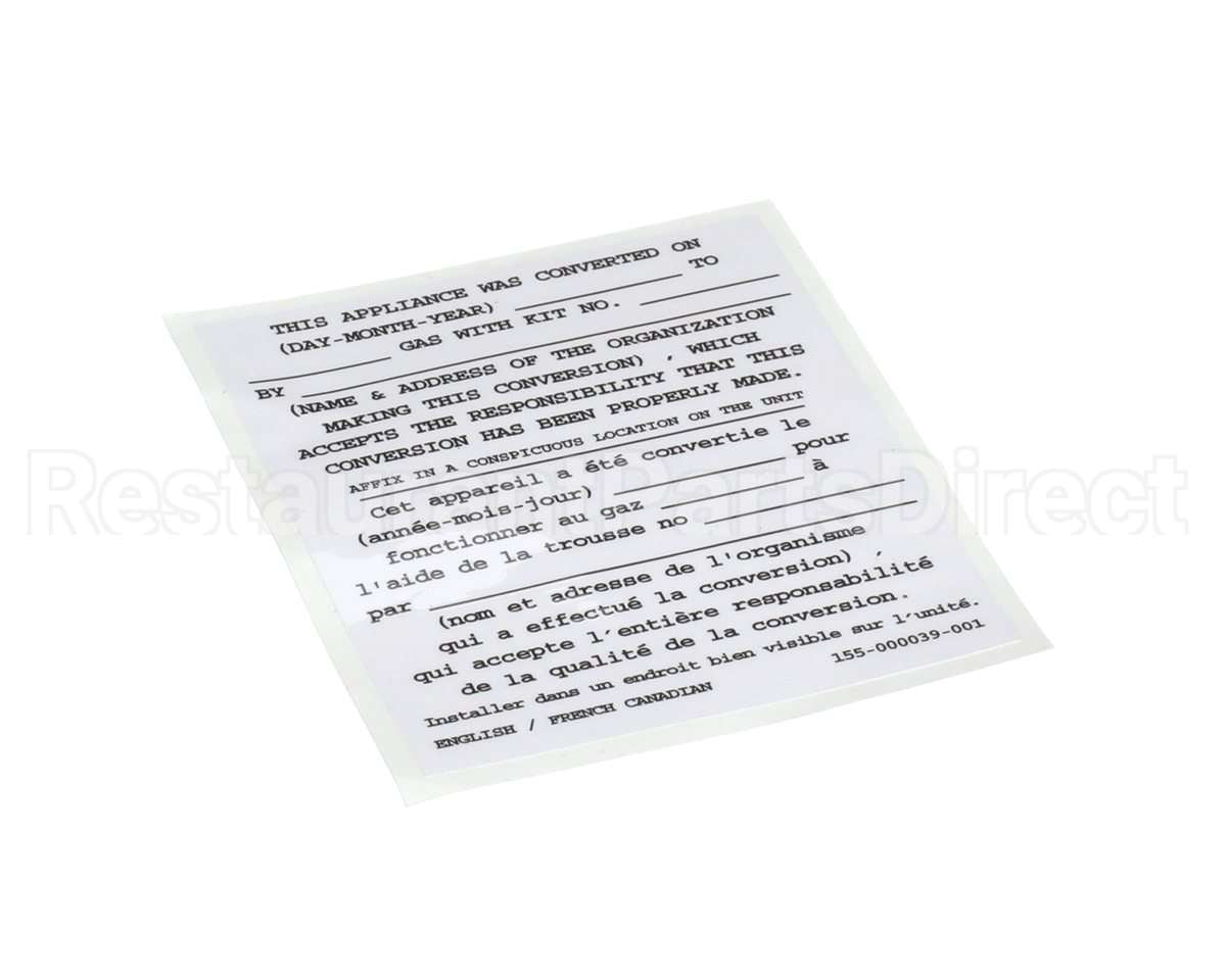 155-000039-001 Pitco Conversion Sticker