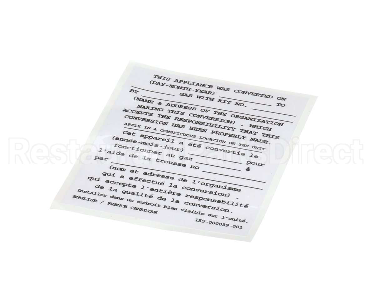 155-000039-001 Pitco Conversion Sticker