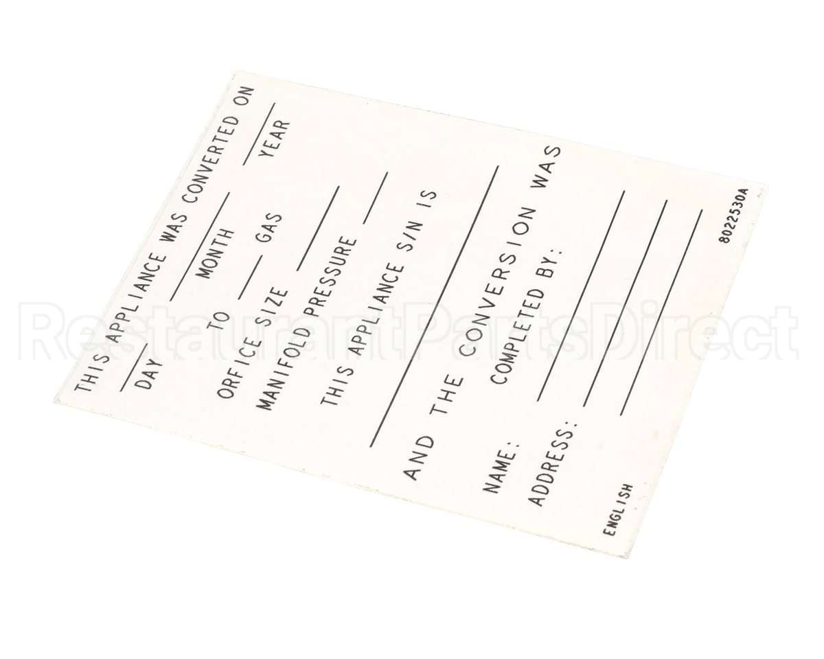 8022530 Frymaster Label,Conversion Date, English