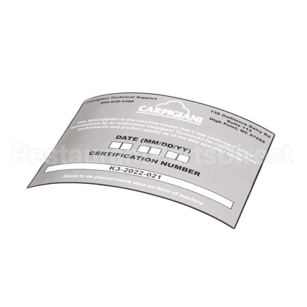 US192-024276 Compatible Carpigiani Decal-Pm Certification