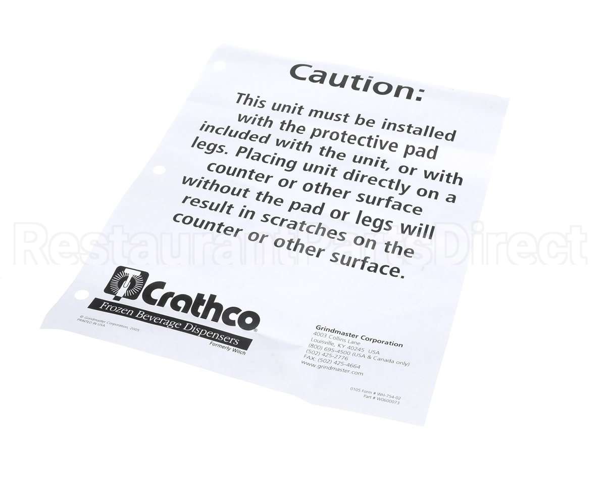 W0600073 Grindmaster Cecilware Sheet, Caution Rubber Mat