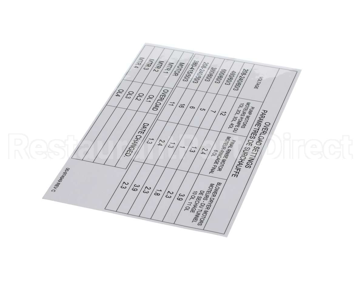 00-974949 Hobart Label, Overload Settings