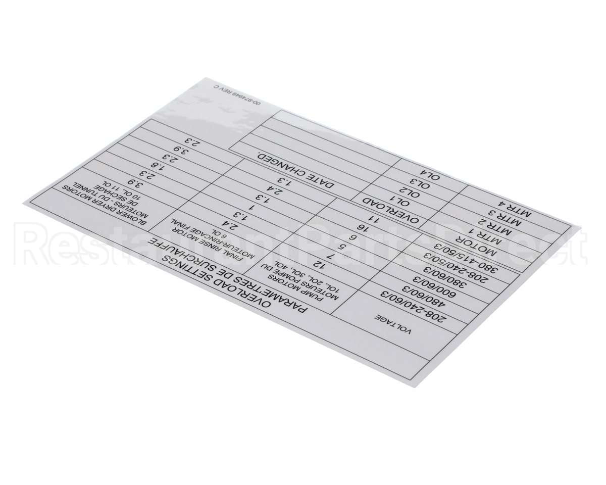 00-974949 Hobart Label, Overload Settings