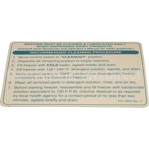 10035 Compatible Saniserv Saniserve Cleaning Decal
