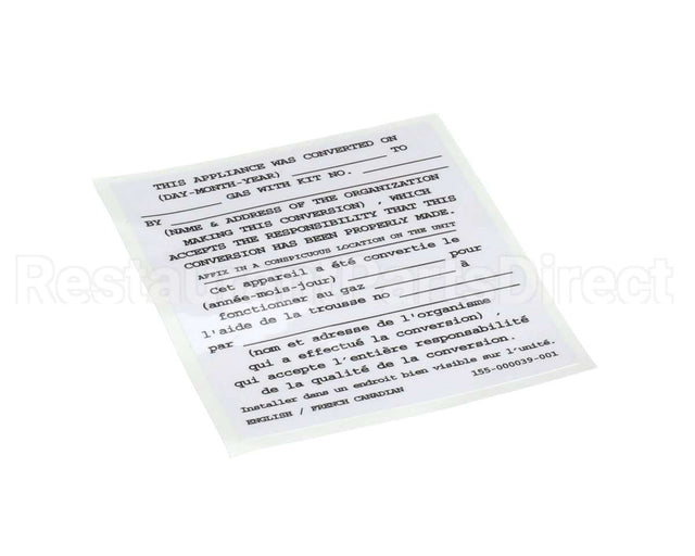 155-000039-001 Pitco Conversion Sticker
