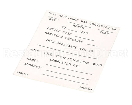 8022530 Frymaster Label,Conversion Date, English