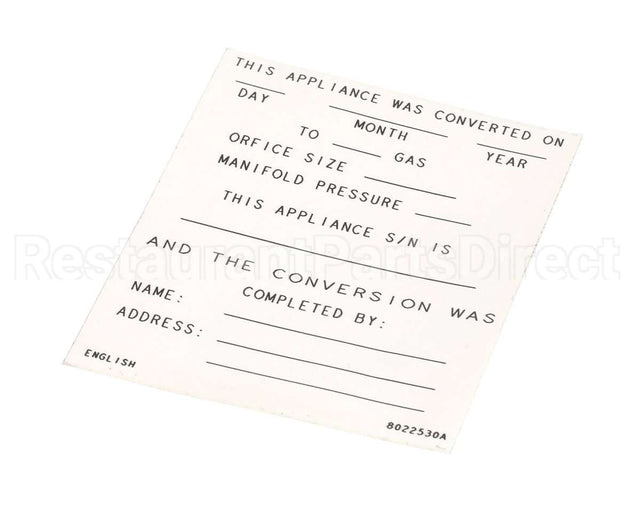 8022530 Frymaster Label,Conversion Date, English