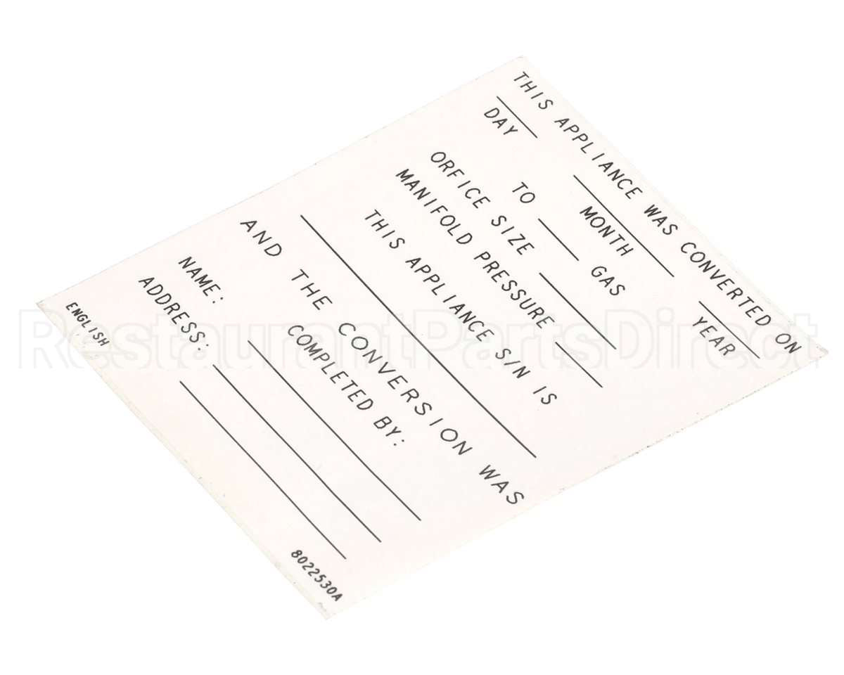 8022530 Frymaster Label,Conversion Date, English