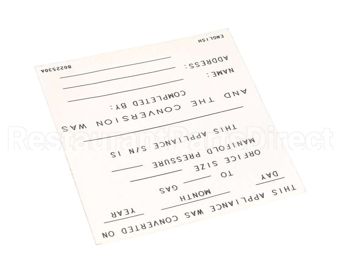 8022530 Frymaster Label,Conversion Date, English